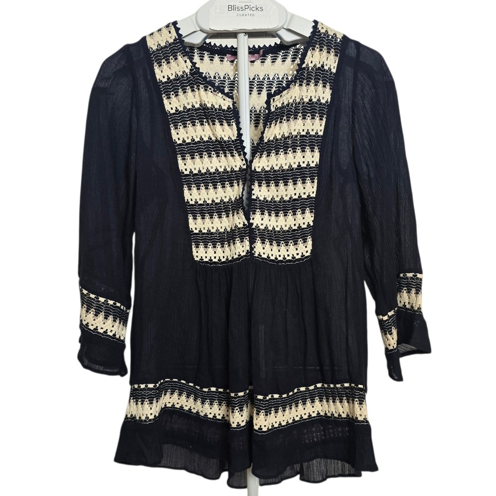 Y2K Calypso St. Barth Navy Crochet Gauze Boho Tunic Top XS Cottagecore Cotton‎